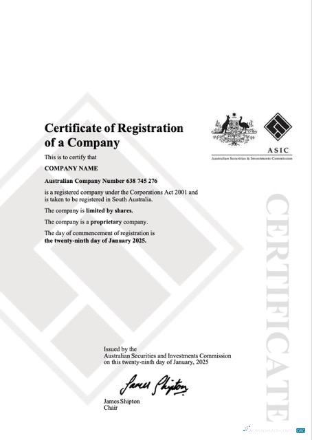 Australia certificate of company registration Word and PDF template, version 2